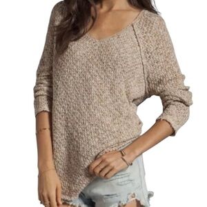 Free People Crochet Lace Sweater Beige Poppyseed Scoop Neck Raw Hem  Size Large
